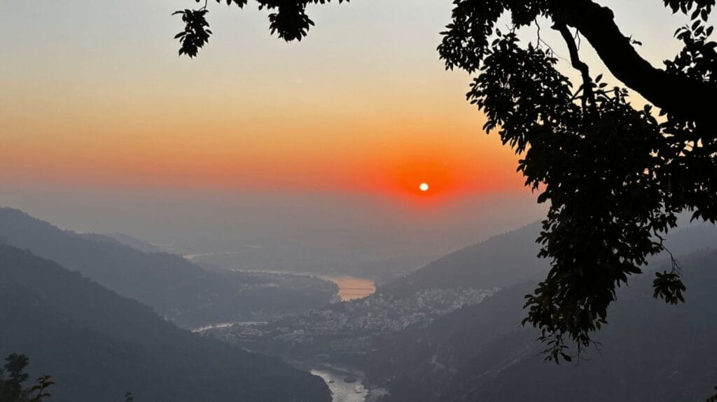 Sunrise view from Kunjapuri Temple with snow-capped Himalayan peaks in the background