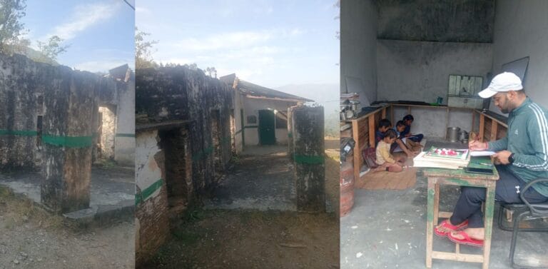 पिथौरागढ़ के अनरगांव में दुकान के कमरे में पढ़ाई करते प्राथमिक विद्यालय के बच्चे