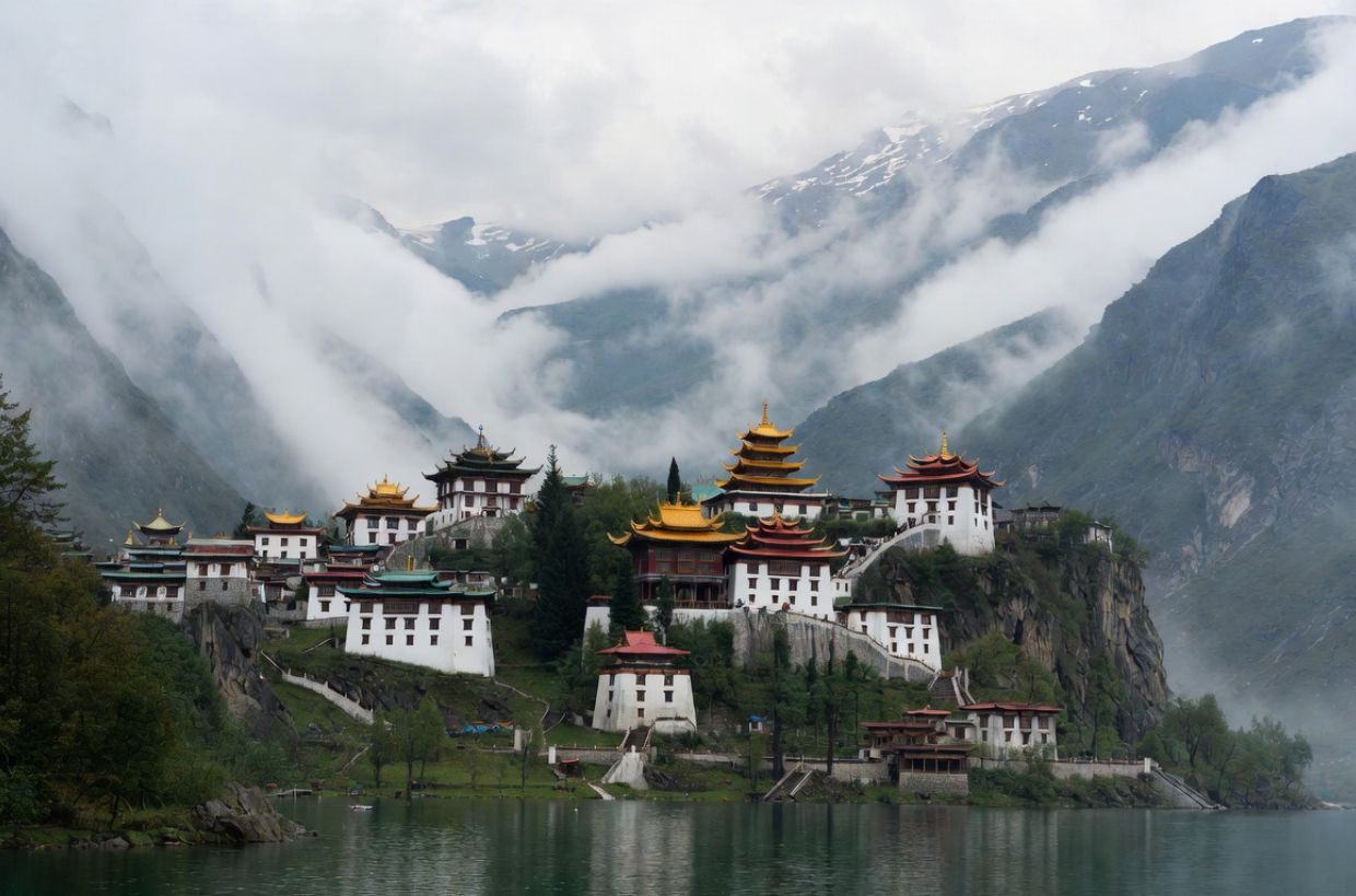 तिब्बत–अरुणाचल सीमा के पास स्थित रहस्यमयी शांगरी-ला घाटी का पर्वतीय दृश्य, जहाँ धुंध से ढकी चोटियाँ और शांत प्राकृतिक वातावरण लोककथाओं में वर्णित गुप्त संसार का आभास देते हैं।