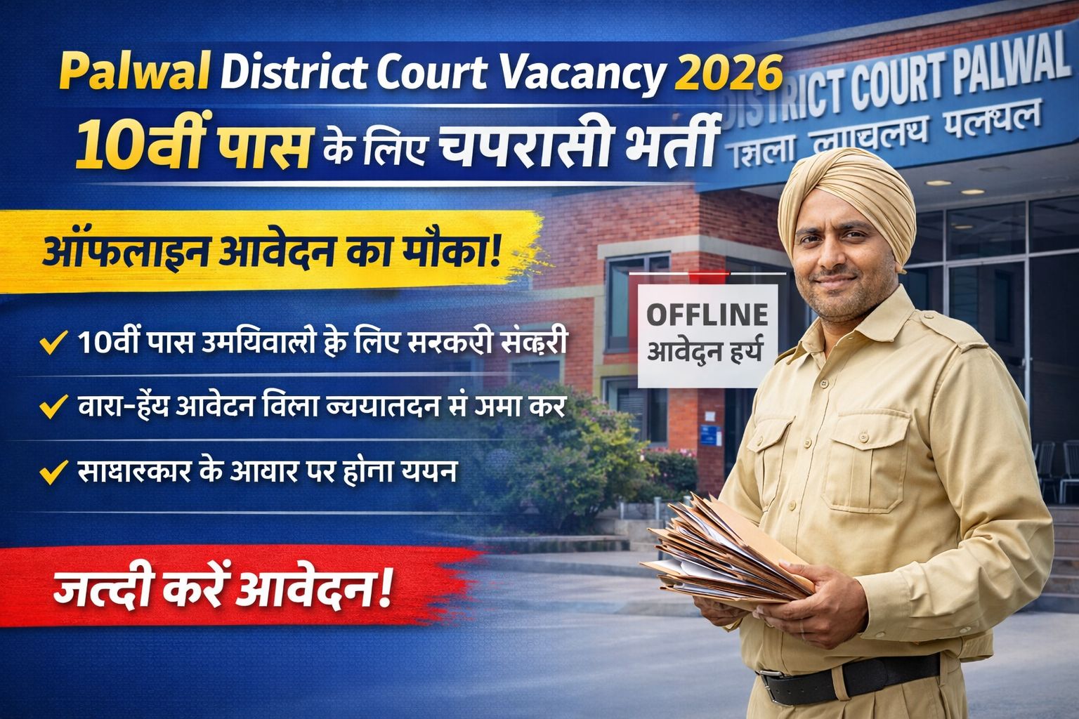 Palwal District Court Vacancy 2026: 10वीं पास के लिए चपरासी भर्ती, ऑफलाइन आवेदन 1 Palwal District Court Vacancy 2026