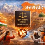 उत्तराखंड में समान नागरिक संहिता को लेकर उठती सामाजिक बहस का भावनात्मक दृश्य, जहाँ कानून, न्याय और आम नागरिक आमने-सामने खड़े दिखाई देते हैं।