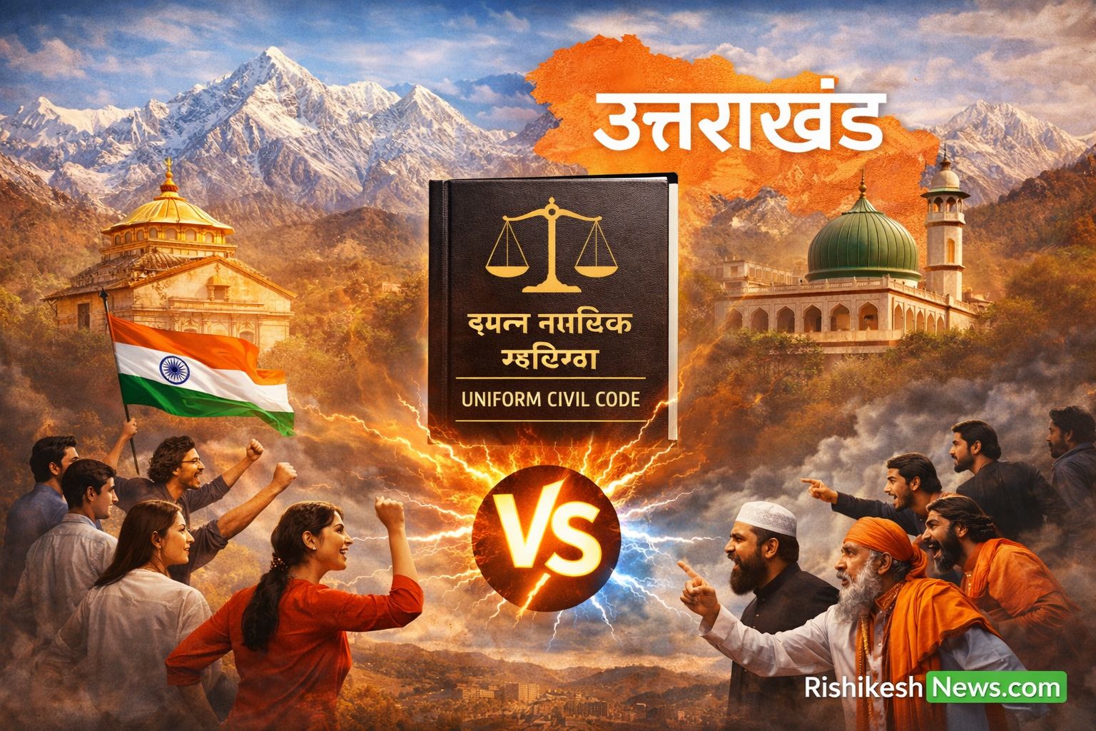 उत्तराखंड में समान नागरिक संहिता को लेकर उठती सामाजिक बहस का भावनात्मक दृश्य, जहाँ कानून, न्याय और आम नागरिक आमने-सामने खड़े दिखाई देते हैं।