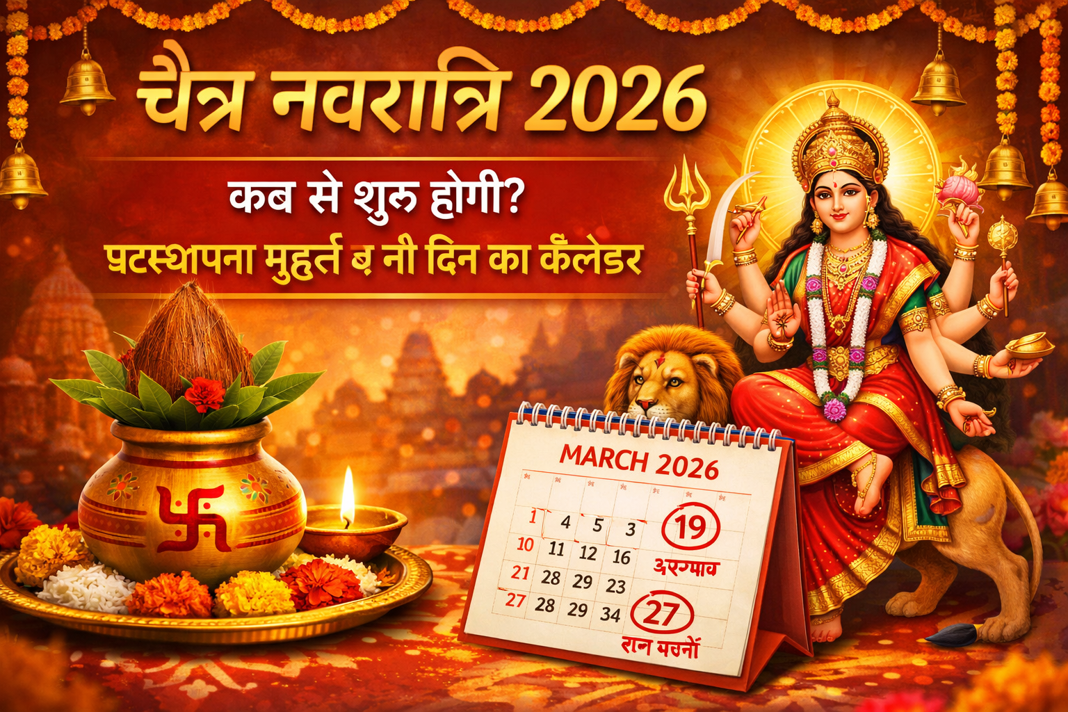 चैत्र नवरात्रि 2026 का कैलेंडर, घटस्थापना कलश और मां दुर्गा की पूजा का दृश्य