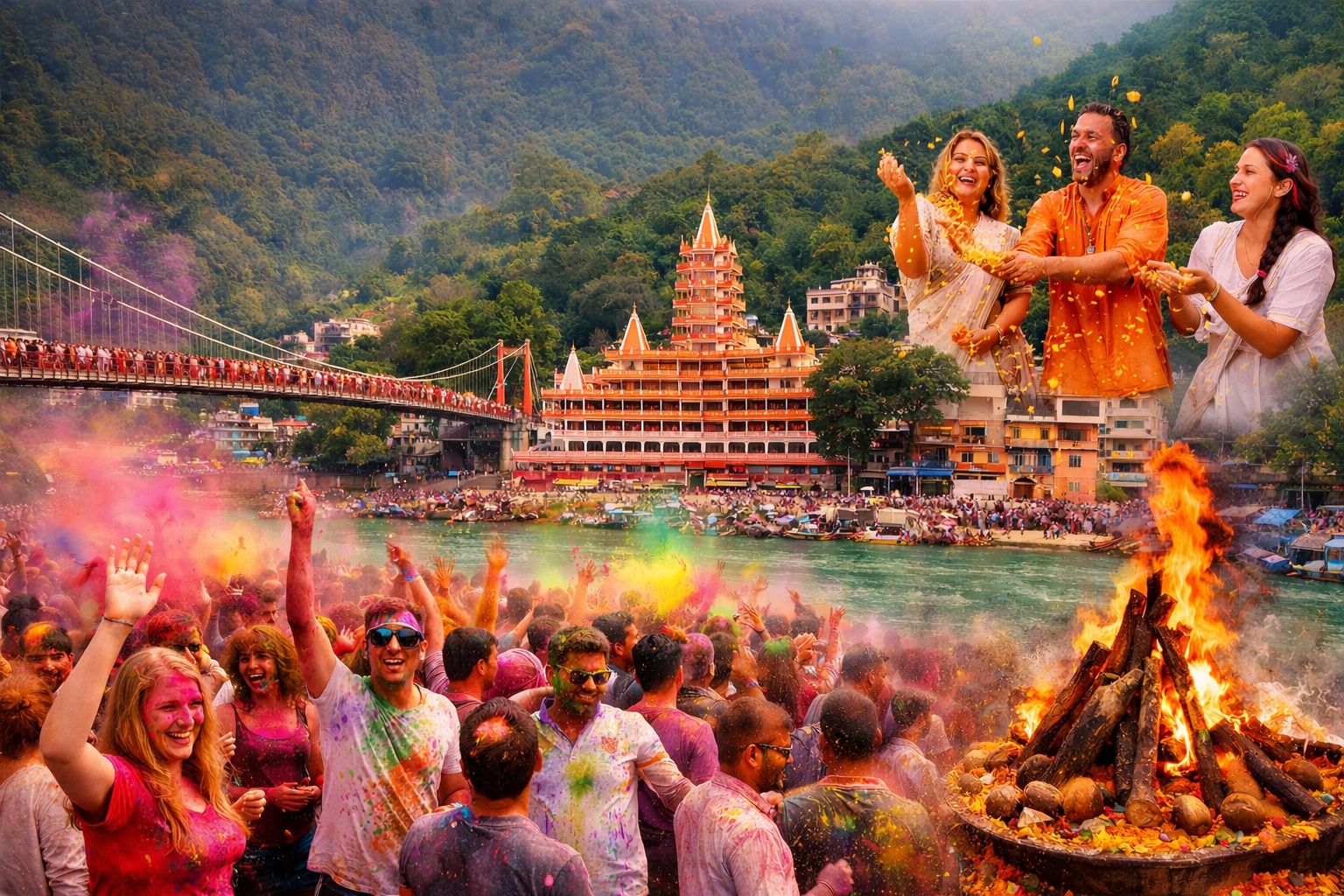 ऋषिकेश में होली 2026 के दौरान गंगा घाट के पास रंगों से खेलते स्थानीय लोग और पर्यटक, पृष्ठभूमि में लक्ष्मण झूला और आश्रम