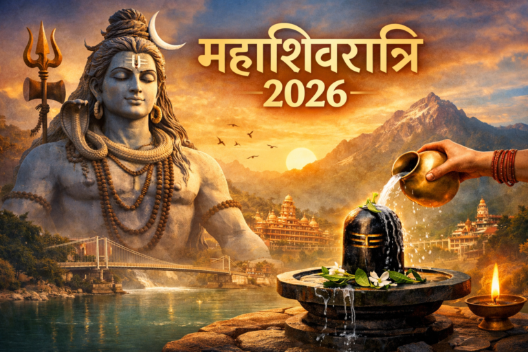 महाशिवरात्रि 2026 पर भगवान शिव की प्रतिमा और शिवलिंग अभिषेक, पृष्ठभूमि में ऋषिकेश, गंगा नदी और हिमालय दृश्य