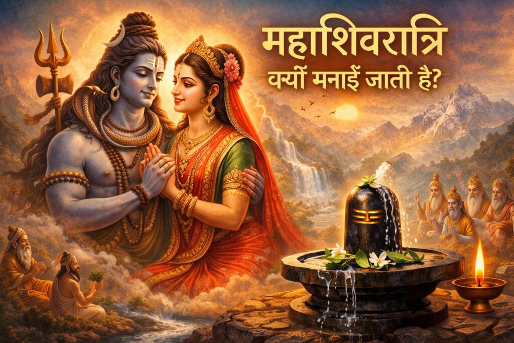 महाशिवरात्रि पर भगवान शिव और माता पार्वती का दिव्य मिलन, शिवलिंग अभिषेक और कैलाश पर्वत का दृश्य